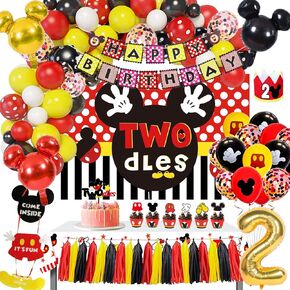 Mickey 2nd Birthday Party Supplies Decorations Include Oh Twodles Backdrop, Banner, Balloons Graland Arch, Welcome Hanger, Tablecloth, Hat, Topper, Tassels, Mickey Theme Mouse Party Supplies