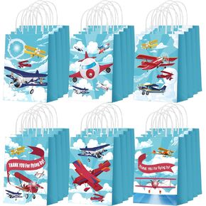 Outus 24 Pcs Airplane Party Favor Bags Paper Airplane Goodie Bags Plain Gift Pouch‌ Blue Aircraft Candy Treat Pouch‌ with Handles for Birthday Party Decorations Supplies