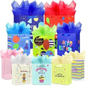 MUMULULU 10 Pack Birthday Gift Bag with Ribbon Handle and Tissue Paper Assorted Sizes and Designs 3 Size Birthday Gift Bag for Birthday Gift Wrapping Presents