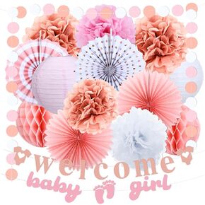 Welcome Baby Girl Decoration Rose Gold Baby Shower Decorations Welcome Baby Girl Banner Paper Streamers Lanterns Flower Tissue Pom Poms Fan Supplies Pink Gender Baby Shower Girl Party Decoration