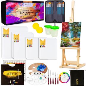Premium Acrylic Art Paint Set | 62-Piece Professional Artist Painting Supplies Kit w/Wooden Tabletop Easel, Paints, Brushes, Knives, Palettes, Canvases & More, for Adults, Kids, Hobbyists & Beginners