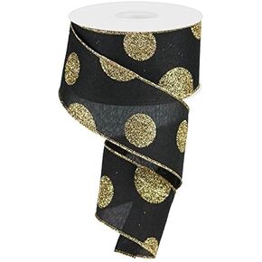 Polka Dot Christmas Ribbon: Black and Gold 2.5" X 10 Yards