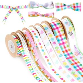 8 Rolls Easter Ribbons, Easter Eggs Rabbits Stripe Check Spring Wired Ribbons for DIY Crafts Wreaths Basket Decorative Gift Wrapping, 40 Yards