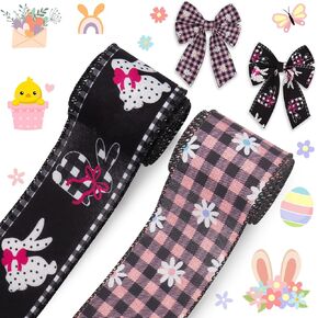 Hying 2 Rolls Easter Craft Ribbons, 2.5" x 10 Yards, Black Pink Buffalo Plaid & Bunny Pattern, Wired Edge, Linen Burlap Fabric, Perfect for Easter Decorations & Gift Wrapping