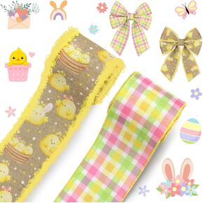Hying 2 Rolls Easter Craft Ribbons, 2.5" x 10 Yards, Black Pink Buffalo Plaid & Bunny Pattern, Wired Edge, Linen Burlap Fabric, Perfect for Easter Decorations & Gift Wrapping in Kuwait