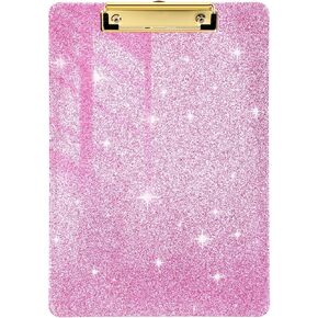 Acrylic Clipboards, 1Pcs Pink Clipboard with Low Profile Gold Clip 9" x 12.5" Standard Letter Size Clipboard Fashion Glitter Clipboard Desk Office Supplies for Classroom School Office