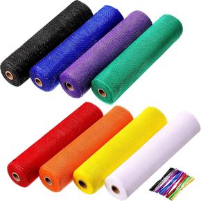 WILLBOND 8 Rolls Easter Mesh Ribbon Decor Metallic Foil Mesh Wreath Supplies with 160 Pieces Mixed Color Twist Ties for DIY Craft Halloween Christmas(6 Inch x 30 Feet,Colorful)