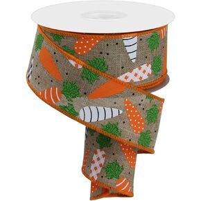 Craig Bachman 1.5inch Pattern Carrots on Royal Ribbon: Light Beige (10 Yards) Easter Wired Edge Ribbon brown, orange