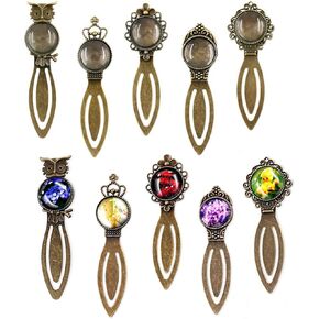 10 Pcs Antique Bronze Bookmark Pendant Tray Kit, 5 Styles Assorted Styles Bookmark Pendant Tray with Glass Cabochon for Bracelet Necklace DIY Jewelry Making and Book Marker