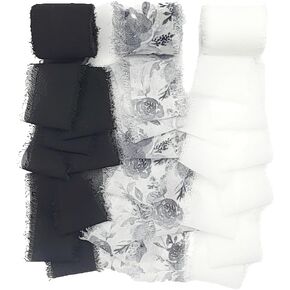 Fringe Chiffon Ribbon, 1.5" X 18 Yards Total, Black White Ribbon Set, Floral Ribbon, Black White Wedding, Use for Flower Bouquets, Gift Wrapping, DIYs (Black, White, Floral)