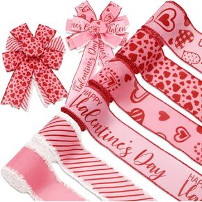 Whaline 36 Yard Happy Valentine's Day Wired Edge Ribbon Red White Love Hearts Craft Ribbon with Burr Wedding Fabric Wrapping Ribbon for Anniversary Wreath Bow Making DIY Crafts Supplies, 6 Roll