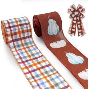 2.5" Fall Burlap Fabric Ribbon for Wreath Bows Orange Plaid Autumn Leaf Wired Edge Ribbon for Crafts DIY 5 Yard Fall Ribbon for Thanksgiving Decorations Seasonal Gift Wrapping