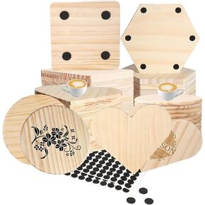 20 PCS Unfinished Wood Coasters,4 Inch Square,Round,Heart&Hexagon Blank Wooden Coasters for Crafts,Thick Coaster with Non-Slip Foam Dots for DIY Painting, Laser Engraving, Decoration,Pyrography, Arts