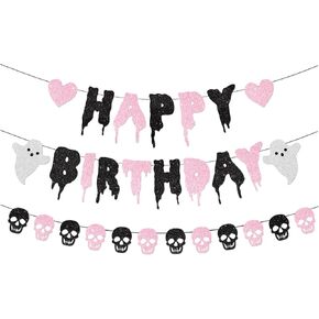 Pink Glitter Halloween Birthday Banner Black and Pink Heart Skull Garland Halloween Happy Birthday Decorations for Halloween Birthday Party Decorations Theme Baby Shower Supplies