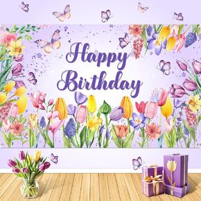 Tulip Birthday Party Decorations Tulip Happy Birthday Banner Purple Tulip Flower Backdrop Backgrounds Spring Floral Birthday Party Decoration for Girls Women Mom Mother's Day Baby Bridal Shower Party