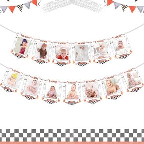 Jollyboom Racing Car 1st Birthday Photo Lanner for Boys ، Red Vintage Car 1st First Decoration Fast One Photo Lanner Pre-Strung No DIY من جديد