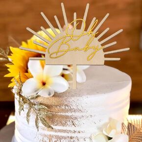 Oh baby cake topper，Sun cake topper，Baby shower cake topper,wooden cake topper/Mirrored golden Acrylic cake topper，Sunshine Party Decor, Boho Cake Topper, Boho baby shower decorations。