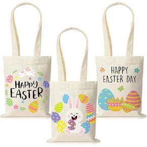 Jectivs 3Pack Easter Canvas Gift Bags with Handles Party Supplies,9.8 x 7.8 Inch Happy Easters Reusable Bunny Tote Bags Treat Basket Bulk for Kids Easter Egg Hunt Spring Party Favors