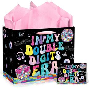 EoBeCy Large 10th Birthday Gift Bags for Girls, In My Double Digits Era Gift Bag with Tissue Paper and Card, Double Digits Birthday Girl Wrapping Paper for 10 Year Old Birthday Decorations