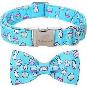 Easter Dog Collar with Bow Tie - Adjustable Easter Bunny Eggs Dog Collar Blue Rabbit Bowtie Metal Buckle Puppy Collars for Small Medium Large Dogs S