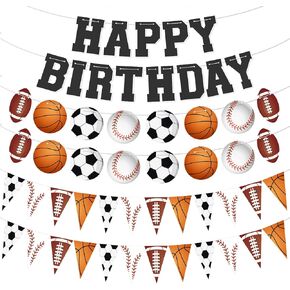 Sports Birthday Party Decorations Banner, Sports Themed Happy Birthday Banner Basketball Football Baseball Soccer Birthday Bunting Banner Garland for Birthday Baby Shower Sports Theme Party Decor