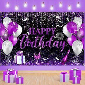 Black & Silver Birthday Banner, Happy Birthday Banner for Girls & Men - Purple & Black Theme Party Backdrop, 71x43.3 Inches