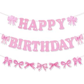 Pink Bow Coquette Birthday Banner, Pre-Strung Glitter Happy Birthday Decoration