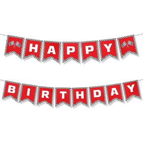 Race Car Happy Birthday Banner, Race Car Birthday Party Decorations Checkered Flags Black and White Racing Banner Let's Go Racing Checkered Flag Party Themed Party Supplies Decorations (Red)