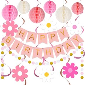meowtastic Pink Birthday Decorations - Pink Happy Birthday Banner with Honeycomb Ball, Daisy Flower Hanging Swirl Streamer, Circle Dot Garland Decoration - Birthday Party Decoration for Women Girls