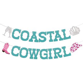 Coastal Cowgirl Banner, Cowgirl Summer Beach Bachelorette Party Decorations, Retro Western Coastal Cowgirl Party Decoration Supplies Blue Glitter