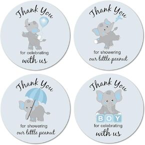 40 Thank You for Showering Our Little Peanut Stickers, 2 Inch Big Round Glossy Labels, Blue Elephant Theme for Boy Baby Shower, Great for Party Favors, Tags, Games and Supplies