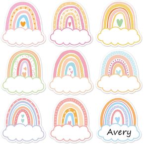 Whaline 135Pcs Pastel Rainbow Clouds Name Tag Stickers 9 Designs Nameplate Stickers Colorful Classroom Bulletin Board Decoration Label Stickers for Office School Desk Wall Decor