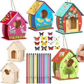 Outus 12 Pcs Wooden Birdhouse Craft Kits to Build, 4 Shapes Wooden Unfinished Bird House with Watercolor Pen and Butterfly Sticker for Boy and Girl Arts and Crafts Kits (Classic Style, 3.6×4 Inch)