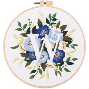 IUHUI Embroidery Kit for Beginners Adults - 26 Floral Letters Easy Patterns, DIY Hand Stitching Embroidery Set with Hoop (Flower and Grass Letter W)