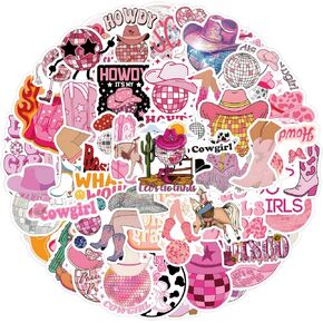 55pcs Disco Cowgirl Stickers for Girls,Pink Disco Party Decor,Western Cowgirl Aesthetic Waterproof Stickers for Water Bottle Laptop Skateboard Pink Preppy Decor for Teen Girl Bedroom Decor