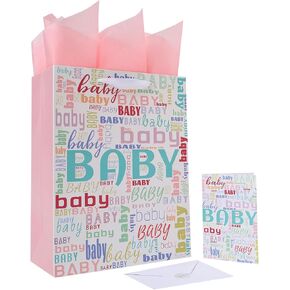13" Large Baby Birthday Gift Bag Set with Handles, Greeting Card, Pink Tissue Papers and Stickers for Baby Shower, Baby Girl Boy, Girls' Birthday Party, Women's Birthday Parties, Valentine's Day, 1 Pcs