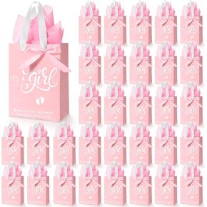 Qilery 50 Sets 8" Baby Girl Gift Bags with Tissue Paper It's a Girl Baby Shower Bag Pink with Handle Paper Gift for Guests Gender Reveal Party Favors