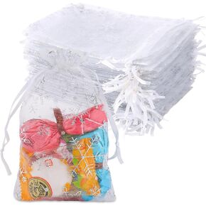 FUSHENMU 100pcs Christmas Snowflake Organza Drawtsring Bags,4x6 Inch Silver Snowflake Sheer Organza Gift Jewelry Bag Goodie Bags for Christmas Gift Wrapping Home Decoration Supply