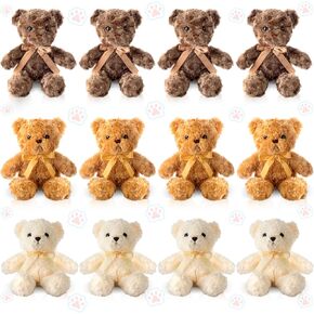 Jenaai 12 Pieces Stuffed Animals Stuffed Bear with Bow Soft Party Gift Plush Bears for Baby Shower Centerpieces Birthday Care Wedding Decorations Christmas, 11.8 Inch (Brown, Dark Brown, Beige, Cute)