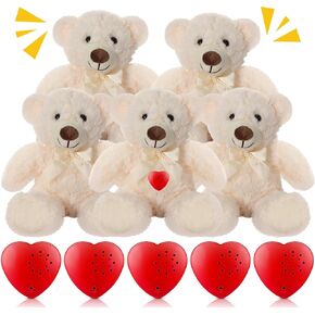 Libima 5 Pack 14" Bears Stuffed Animals with Voice Recorder Set 30 Seconds Voice Sound Recorder Module Plush Bear Cute Stuffed Animal Plush Toys with Zipper Sound Box Recordable Heart (Brown)