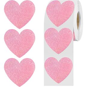 Pink Heart Stickers,1.5" Glitter Valentines Stickers 500 per Roll,Valentine's Day Decorations(Pink)