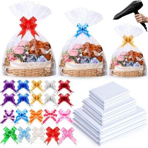Yexiya 200 Pcs Shrink Wrap Bags for Gift Baskets 3 Sizes Cellophane Bags 24" x 32" 20" x 28" 16" x 24" Clear PVC Heat Shrink with 120 Pull Bows Large Cellophane Wrap for Graduation Holiday Present