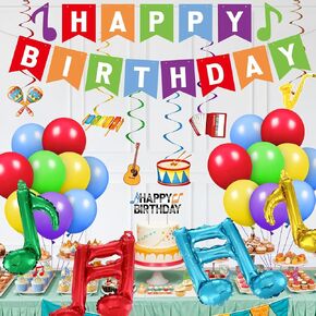 Music Birthday Party Decoration Set, Music Notes Party Favors Decor for Kids Happy Birthday Foil Balloon Banner Musical Note Guitar Birthday Cake Topper Hanging Swirl Karaoke Themed Party Supplies