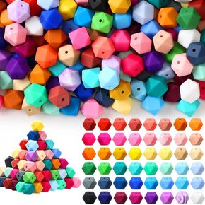 Hotop 144 Pcs Hexagon Silicone Beads Bulk 48 Colors 14mm Silicone Beads for Keychain Making Kit Rubber Beads Silicone Focal Beads Loose Beads for Necklace Bracelet Lanyard Making