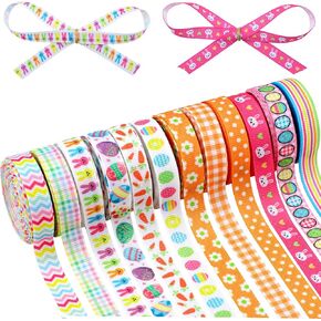 12 Rolls Easter Grosgrain Ribbons Colorful Stripe Plaid Ribbon Egg Bunny Carrot Flower Ribbons Gift Wrapping Ribbon for Spring Easter Decor DIY Craft, 3/8 Inch x 60 Yards