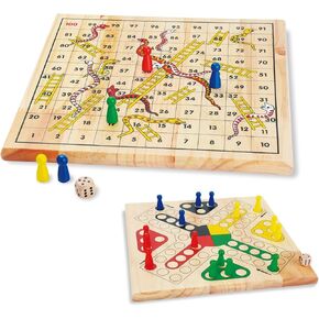Wooden Classic 2 in 1 Snakes and Ladders Board Game for Kids 12 Inch Ludo Chutes and Ladders Board Game Classic Family Game Set for Toddlers