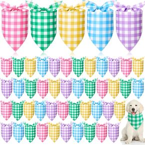 Sanwuta 50 Pieces Easter Dog Bandanas for Dogs Pastel Dog Bandanas Bulk Spring Dog Kerchief Set Soft Dog Bandanas for Spring Easter Puppy Small Medium Large Dog Costume Accessories (Plaid)