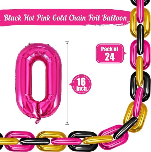 Black Pink Gold Chain Balloons, 24PCS Giant Chain Foil Balloons Garland for 80s 90s Hip Hop Party Decorations, 16 Inch Chain Link Balloons for Retro Theme Birthdays Graduations Weddings Arch Supplies in Kuwait