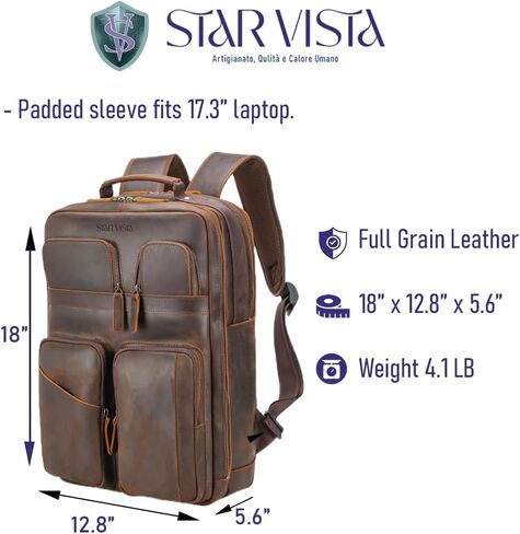Star Vista Angelo 17.3 "Vintage Full Grain Leather Backpack Propack for Men ، Multi Mobicts ، Darcal Outdure Business Travel Rucksack ، YKK QUPERS ، Brown Dark in Kuwait