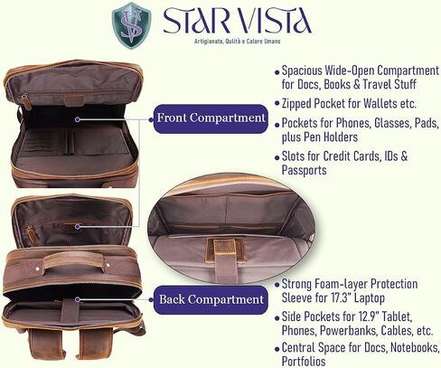 Star Vista Angelo 17.3 "Vintage Full Grain Leather Backpack Propack for Men ، Multi Mobicts ، Darcal Outdure Business Travel Rucksack ، YKK QUPERS ، Brown Dark in Kuwait